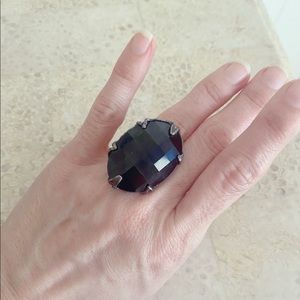 Large faceted black opaque crystal silver ring